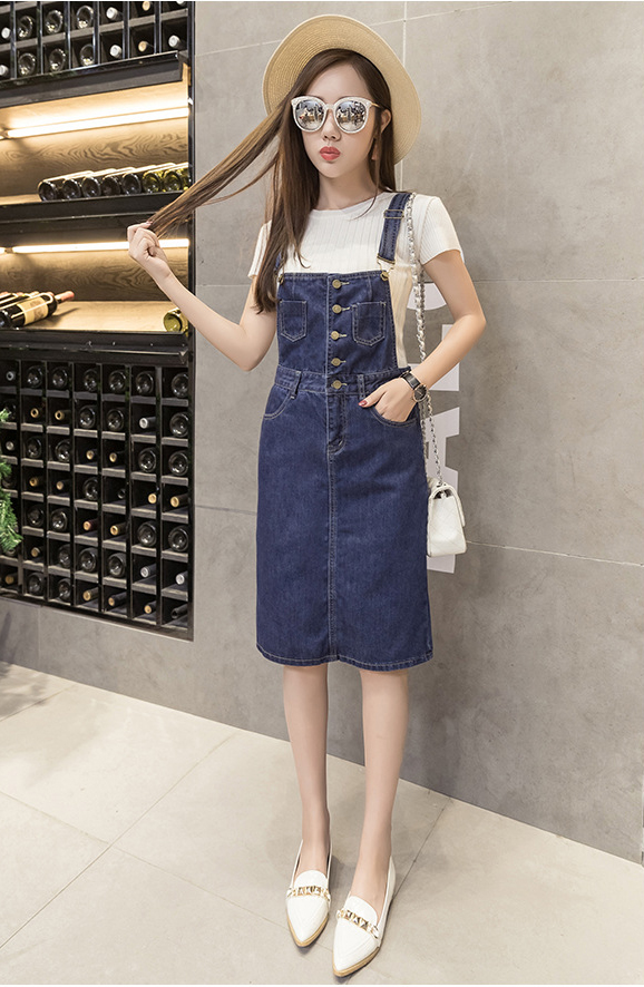 ĐẦM JEAN YẾM 2 DÂY CÀI NÚT TRƯỚC